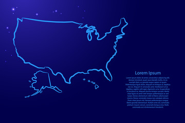 United States of America map from the contour blue brush lines different thickness and glowing stars on dark background. Vector illustration.