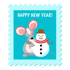 Cute mice with snowman on postcard background. Creative character  for 2020 New Year. Rat symbol of the year in the Chinese calendar. Vector illustration. Funny design for greetings card