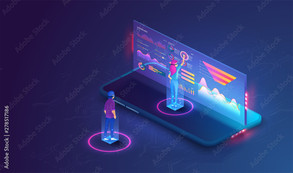 Poster People work and interacting with graphs, icons and devices. Application of Smartphone with business graph and analytics data on isometric mobile phone. Mobile application and website header images.
