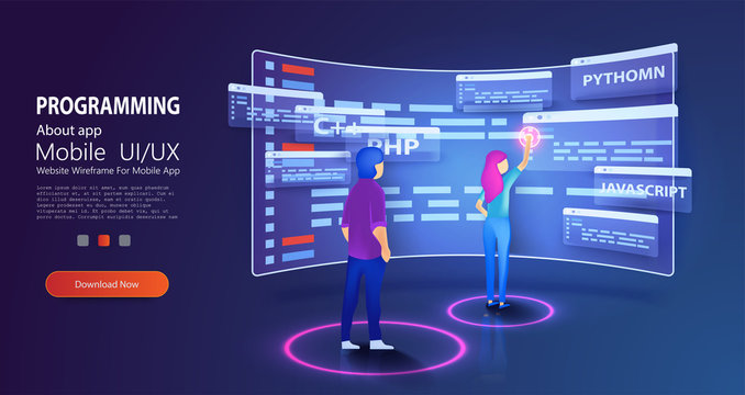 People programmers coding and correct errors in project. Dashboard screen with program code. Programmer at work concept banner. Can use for web banner Trendy flat style. Isometric UI/UX vector 