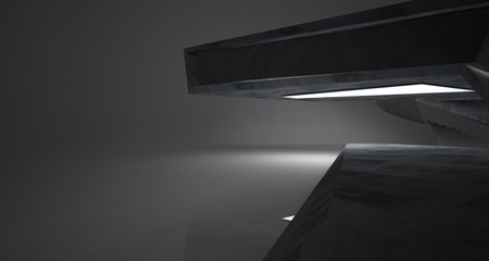 Abstract architectural concrete interior of a minimalist house with neon lighting. 3D illustration and rendering.