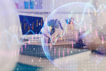 Financial graph displayed on woman's hand taking notes background. Concept of research. Double exposure
