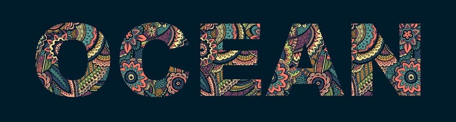 Inscription OCEAN in the style of abstract hand drawing