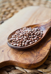 Brown Lentils on the wooden board -  macro photo of dry legumes.