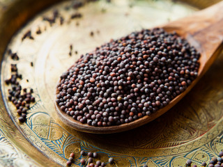 Black Mustard Seeds on wooden spoon and brass plate, Indian spices, macro.