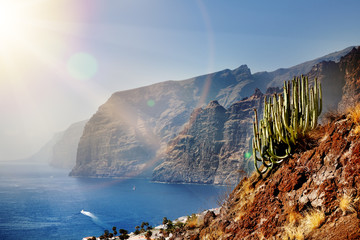 Hermoso paisaje de playa y costa con montañas y vegetación. Escena impresionante, acantilados de los gigantes. Tenerife, Islas Canarias, España © TaniaC.
