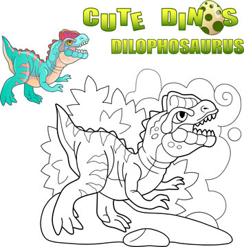cartoon prehistoric predatory dinosaur Dilophosaurus, funny illustration