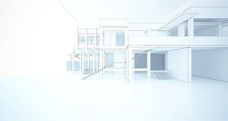 Fototapeta na wymiar Abstract architectural white interior of a minimalist house with large windows. Drawing. 3D illustration and rendering.