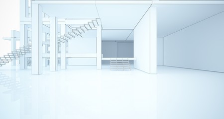 Abstract architectural white interior of a minimalist house with large windows. Drawing. 3D illustration and rendering.