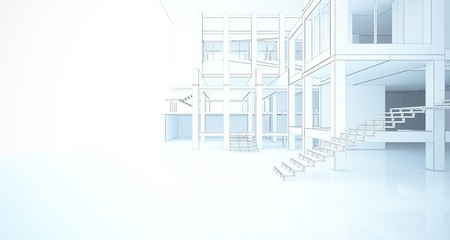 Abstract architectural white interior of a minimalist house with large windows. Drawing. 3D illustration and rendering.