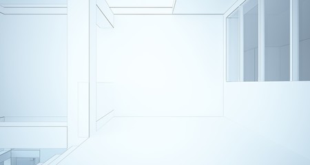 Abstract architectural white interior of a minimalist house with large windows. Drawing. 3D illustration and rendering.