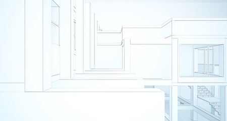 Abstract architectural white interior of a minimalist house with large windows. Drawing. 3D illustration and rendering.