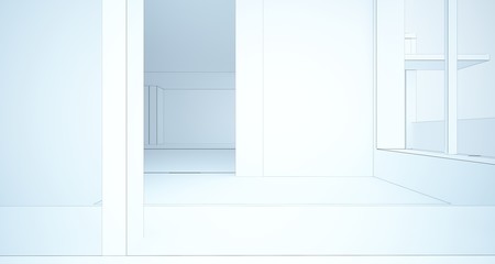 Abstract architectural white interior of a minimalist house with large windows. Drawing. 3D illustration and rendering.