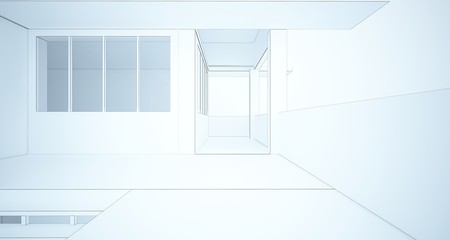 Abstract architectural white interior of a minimalist house with large windows. Drawing. 3D illustration and rendering.