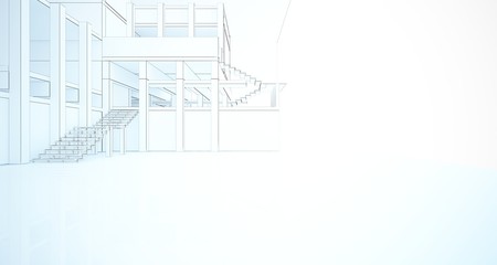 Abstract architectural white interior of a minimalist house with large windows. Drawing. 3D illustration and rendering.