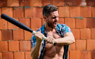 Fototapeta na wymiar full of energy. unshaven muscular man fighting. man with baseball bat. i am a criminal. sport activity. Hooligan man hits the bat. Bandit gang and conflict. aggression and anger. Full concentration