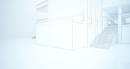 Abstract architectural white interior of a minimalist house with large windows. Drawing. 3D illustration and rendering.