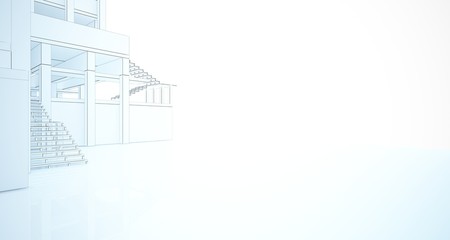 Abstract architectural white interior of a minimalist house with large windows. Drawing. 3D illustration and rendering.