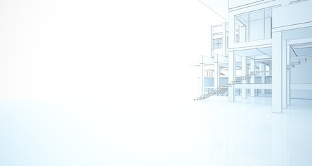 Abstract architectural white interior of a minimalist house with large windows. Drawing. 3D illustration and rendering.