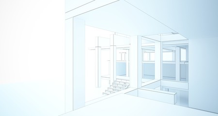 Abstract architectural white interior of a minimalist house with large windows. Drawing. 3D illustration and rendering.