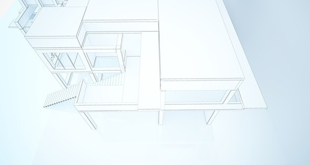 Abstract architectural white interior of a minimalist house with large windows. Drawing. 3D illustration and rendering.