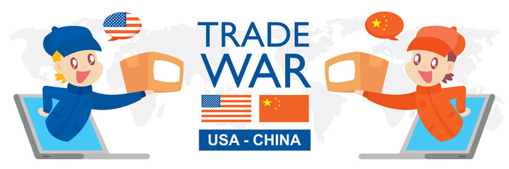 Trade war, USA versus China illustration. America-China tariff business global exchange international.