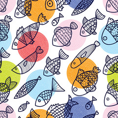 Cute fish.  Kids line background. Seamless pattern. Can be used in textile industry, paper, background, scrapbooking.