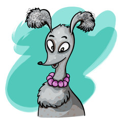 Illustration of a dog with beads around his neck. Lady. Trendy vector clip art. Picture with a blue background