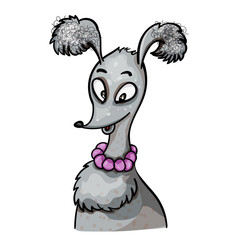 Illustration of a dog with beads around his neck. Lady. Trendy vector clip art. Picture with a blue background