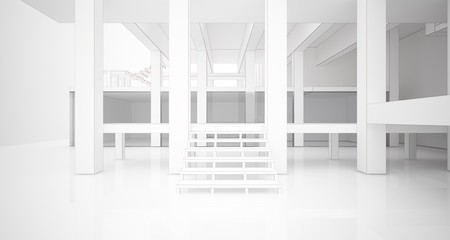 Abstract architectural white interior of a minimalist house with large windows. Drawing. 3D illustration and rendering.