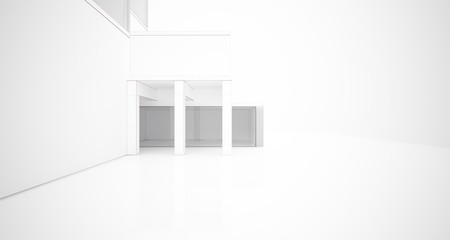 Abstract architectural white interior of a minimalist house with large windows. Drawing. 3D illustration and rendering.