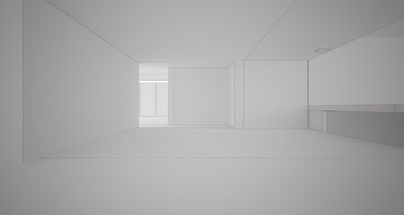 Abstract architectural white interior of a minimalist house with large windows. Drawing. 3D illustration and rendering.