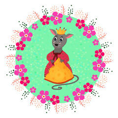 Mouse or rat. Beautiful background with floral vignette. - Vector