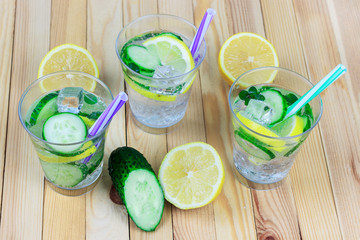 refreshing, vitamin lemonade, cucumber water with mint and lemon in a glass