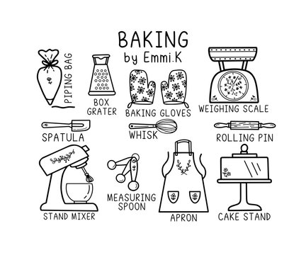 baking, bake, baker, bakery, cafe, icing bag, grater, glove, weighing scale, spatula, whisk, rolling pin, mixer, stand mixer, apron, measuring spoon, cake stand,  outline, line art, black and white