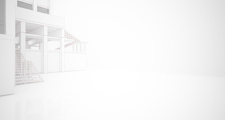 Abstract architectural white interior of a minimalist house with large windows. Drawing. 3D illustration and rendering.