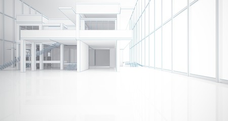 Abstract architectural white interior of a minimalist house with large windows. Drawing. 3D illustration and rendering.