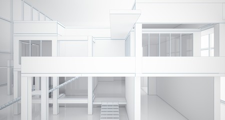 Abstract architectural white interior of a minimalist house with large windows. Drawing. 3D illustration and rendering.