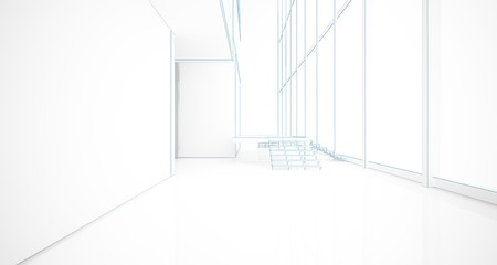 Abstract architectural white interior of a minimalist house with large windows. Drawing. 3D illustration and rendering.