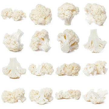 Piece of cauliflower isolated on white background without a shadow. Top view. Flat lay