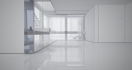 Abstract architectural white interior of a minimalist house with large windows. Drawing. 3D illustration and rendering.