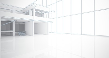 Abstract architectural white interior of a minimalist house with large windows. Drawing. 3D illustration and rendering.