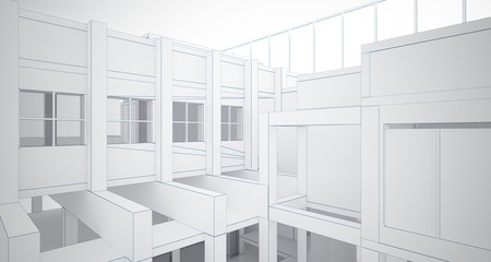 Abstract architectural white interior of a minimalist house with large windows. Drawing. 3D illustration and rendering.