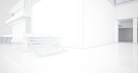 Abstract architectural white interior of a minimalist house with large windows. Drawing. 3D illustration and rendering.