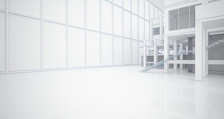 Obraz premium Abstract architectural white interior of a minimalist house with large windows. Drawing. 3D illustration and rendering.