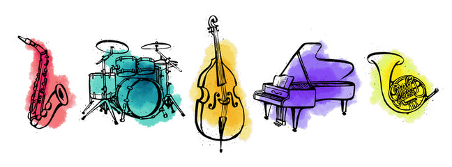 Hand drawn music instruments. Orcestra. Horizontal banner or cover for social media. Ink style vector illustration with watercolor stains on white background.