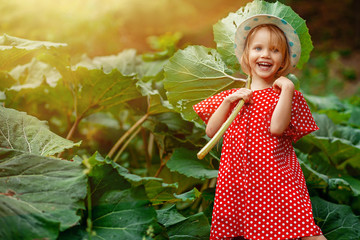 Journey in wood. Little blonde hair and blue eyes girl with big green leaves in hands, smiling...