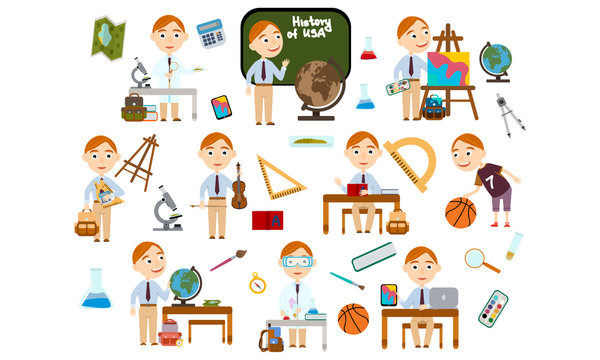 Set redhead boy. Student in different lessons: science, history, sports, art, maths, English, information technology, music. Conducting experiments. Cute Vector Illustration