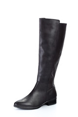 Woman high knee leather boots isolated on white background