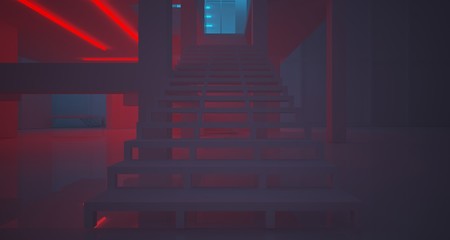 Abstract architectural white interior of a minimalist house with color gradient neon lighting. 3D illustration and rendering.